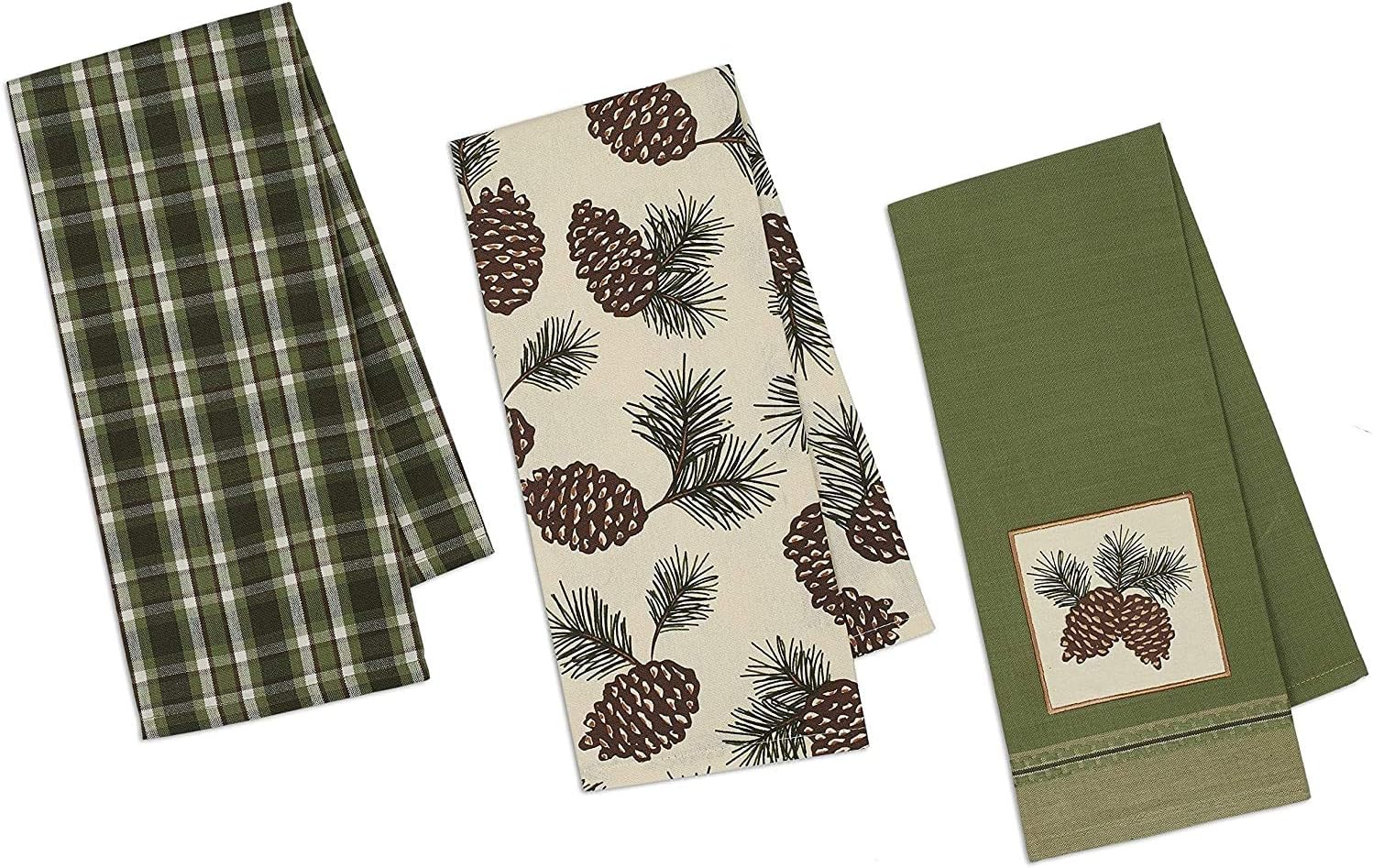3 Pinecone Themed Decorative Cotton Kitchen Towels Set 2 Towels with Pine Cone