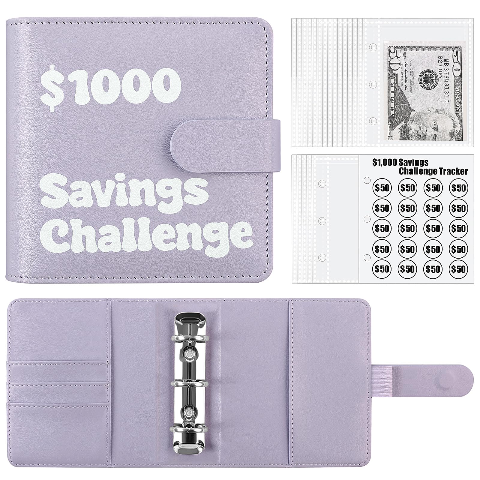 Photo 1 of 1000 Savings Challenge Binder, A8 Mini Money Saving Binder with Cash Envelopes, PU Budget Binder for Budgeting, Easy & Funny to Save $1000, Purple