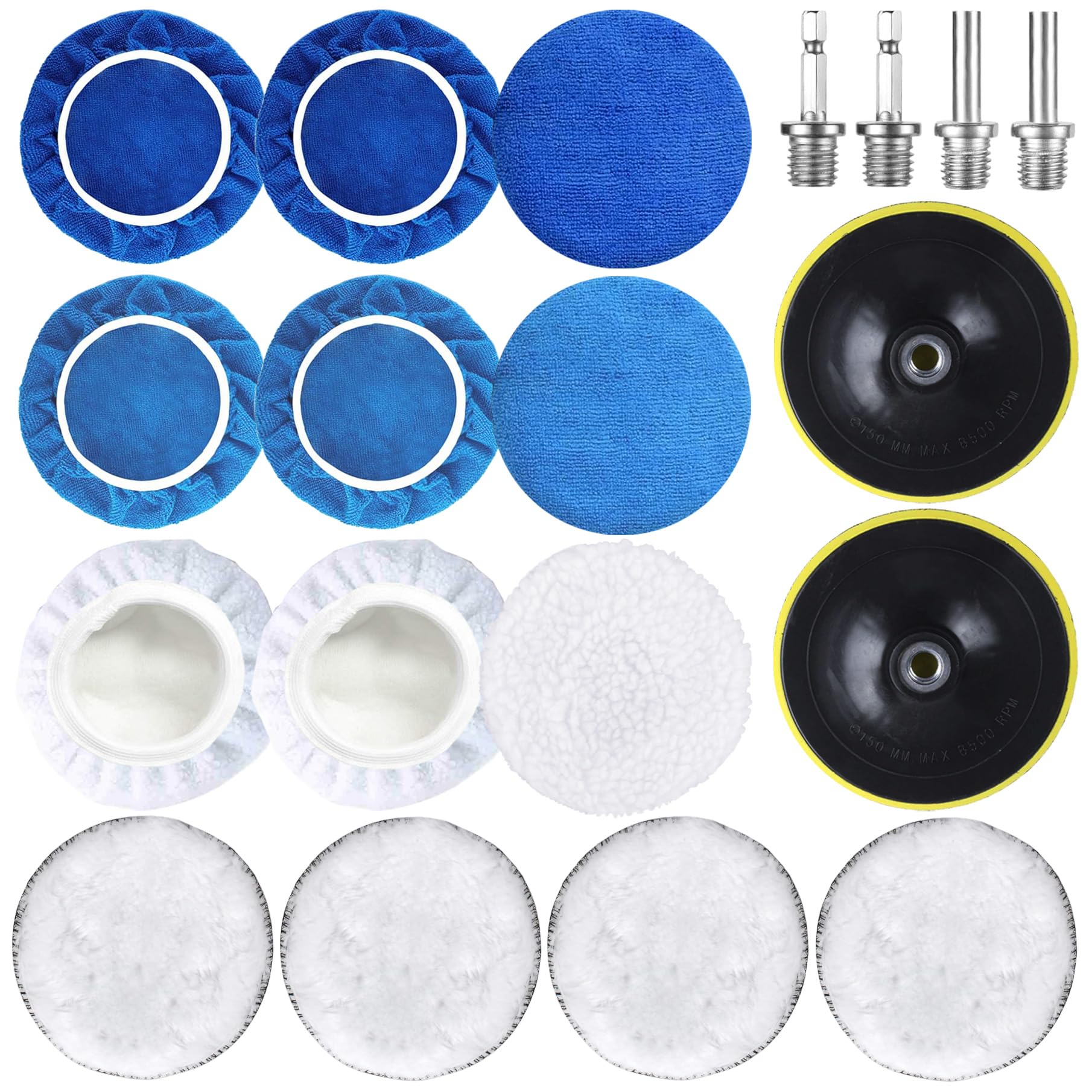 6 Inch (150mm) Car Drill Polishing Pad Kit, 19Pcs Car Buffing Polishing Pad Set for Drill, 9Pcs Buffer Polisher Bonnet Pad Cover, 4Pcs Wool Polishing Pads, 2Pcs Backing Plate, 4Pcs M14 Drill Adapter
