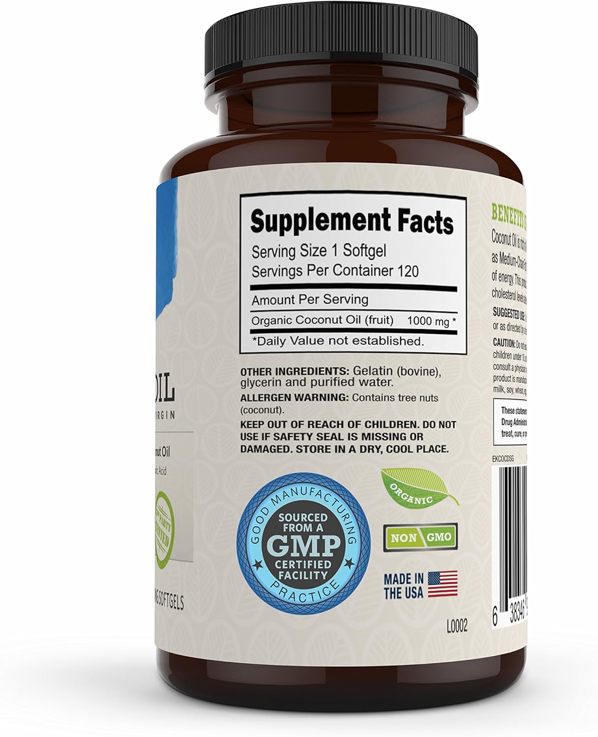 Organic Coconut Oil Capsules Extra Virgin 1000 mg by Eukonic, 120 Softgels, Assists Weight Loss