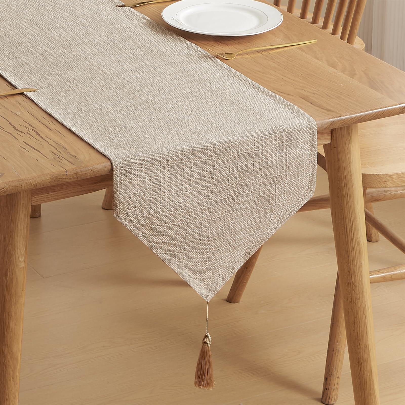WAITER TREE Burlap Linen Style Table Runner with Tassels Rustic Farmhouse Dresser Scarf for Dining Table Banquet Party Home Decor (Beige, 35 x 240cm)