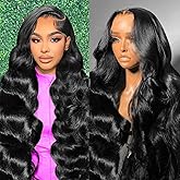 13x6 Lace Front Wigs Human Hair Pre Plucked 200% Density Body Wave HD Lace Front Wigs Human Hair Transparent Frontal Glueless Wigs Virgin Human Hair with Baby Hair for Women Natural Black 30 Inch