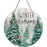 Deroro Winter Welcome Sign for Front Door Decor, Winter Farmhouse Pine Tree Cardinal Bird Wood Door Hanger for Outdoor Outside Porch, Rustic Christmas Snowflakes Wooden Wreath Wall Hanging Decoration