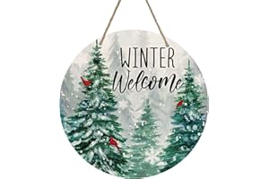 Deroro Winter Welcome Sign for Front Door Decor, Winter Farmhouse Pine Tree Cardinal Bird Wood Door Hanger for Outdoor Outside Porch, Rustic Christmas Snowflakes Wooden Wreath Wall Hanging Decoration