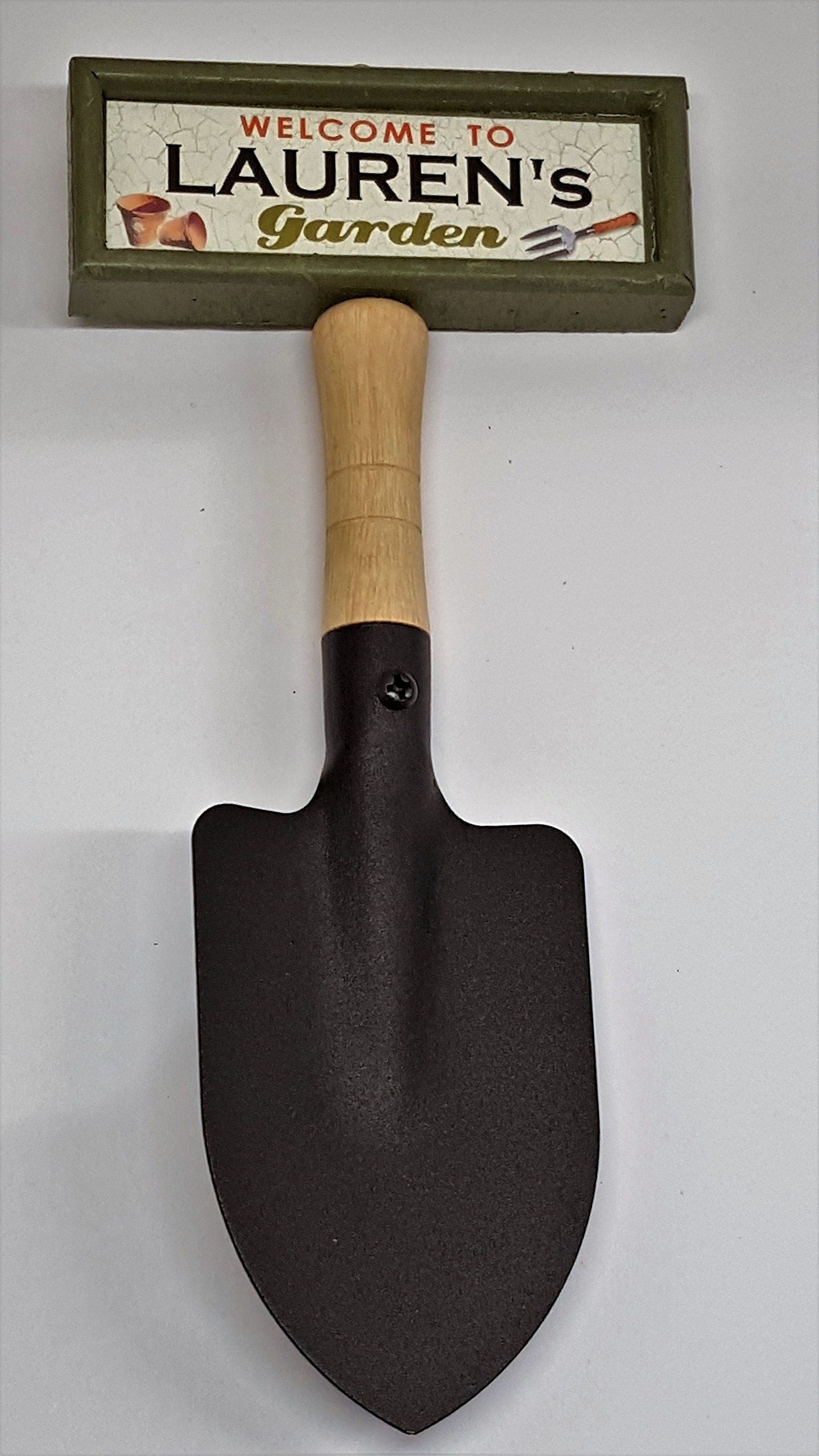 "Welcome to Lauren's garden" hanging shovel sign