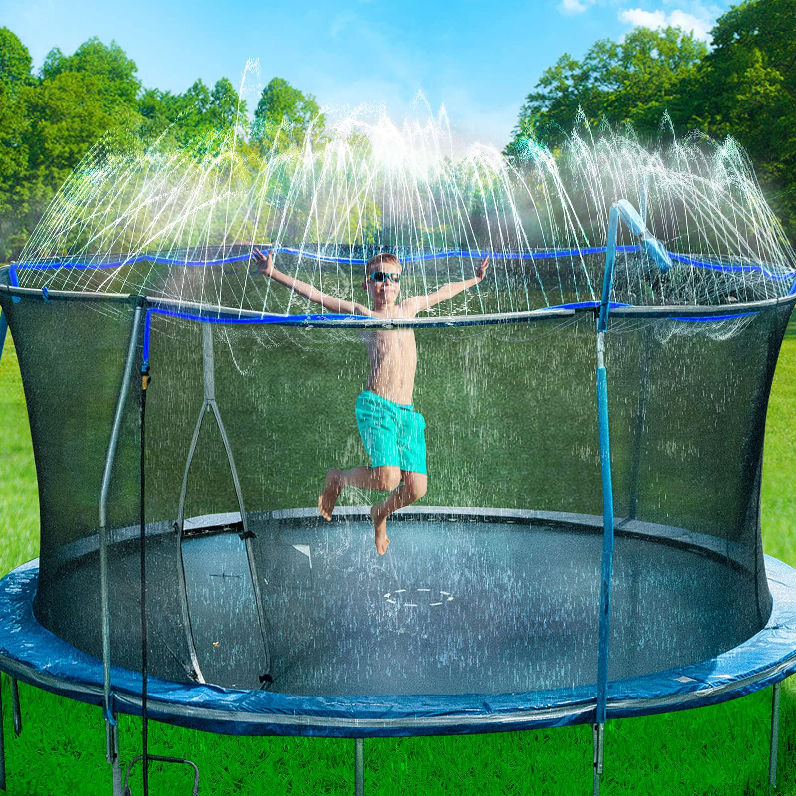 Bobor Trampoline Water Sprinkler for Kids Outdoor Trampoline Sprinkler Waterpark Fun Summer Water Toys Trampoline Accessories (Blue, 39foot)