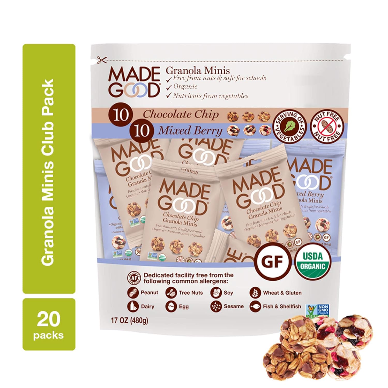 MadeGood Granola Minis Club Pack [10 Bags Chocolate Chip and 10 Bags Mixed Berry Granola Minis; Vegan, Gluten-Free, Allergy-Friendly, Organic, Non-GMO Snacks]