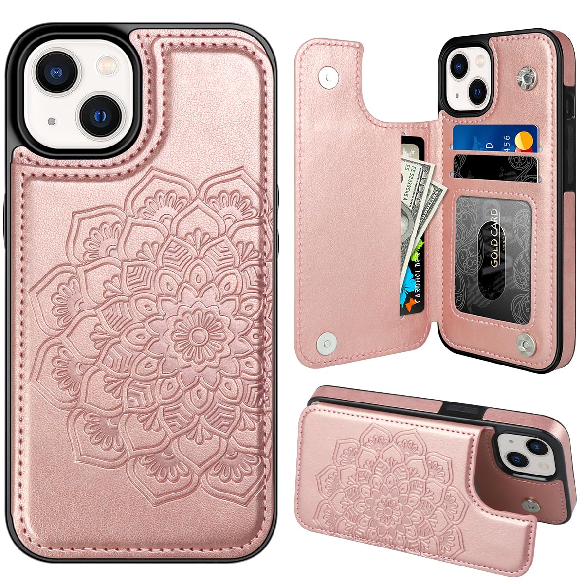 MMHUO for iPhone 13 Case with Card Holder, Flower Magnetic Back Flip Case for iPhone 13 Wallet Case for Women, Protective Case Phone Case for iPhone 13,Rose Gold