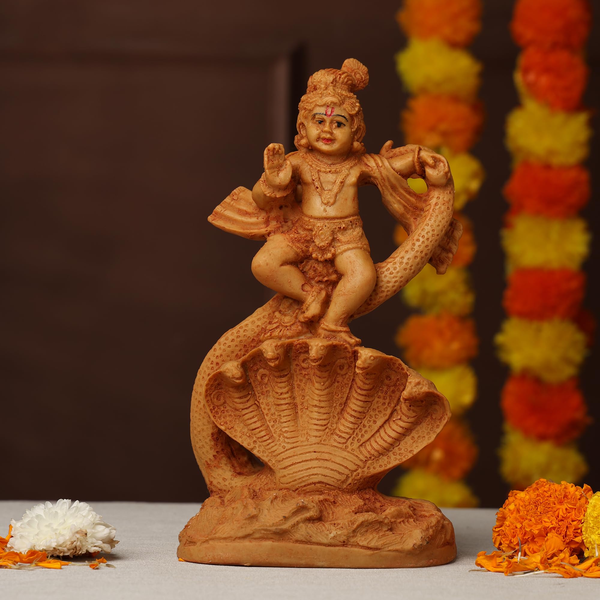 Purpledip Resin Idol Bala Gopal Krishna Dancing On Kaliya Nag Snake: Decorative Statue Symbolising Victory Of Good Over Evil (12663)