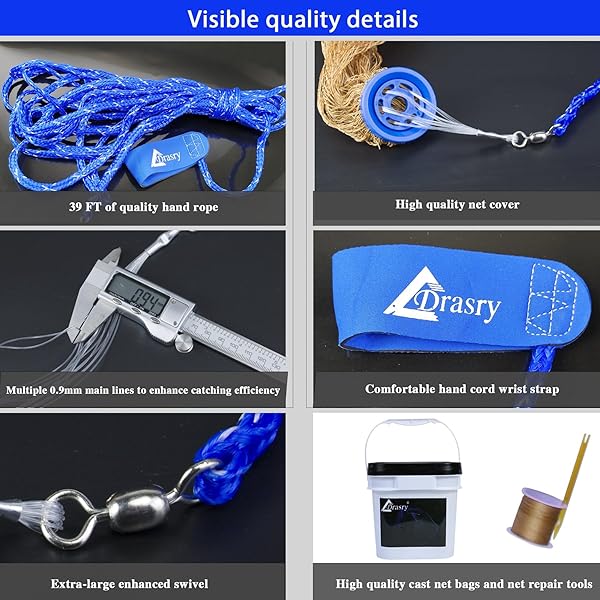 DRASRY 1/2 SALTWATER FISHING CAST NET FOR BAIT TRAP WITH HEAVY LEAD SINKERS FISH THROW NET. SIZE 3FT/4FT/5FT/6FT/7FT/8FT/9FT RADIUS FRESHWATER NETS (TIRE LINES CAST NET, 5FT(150CM) RADIUS)