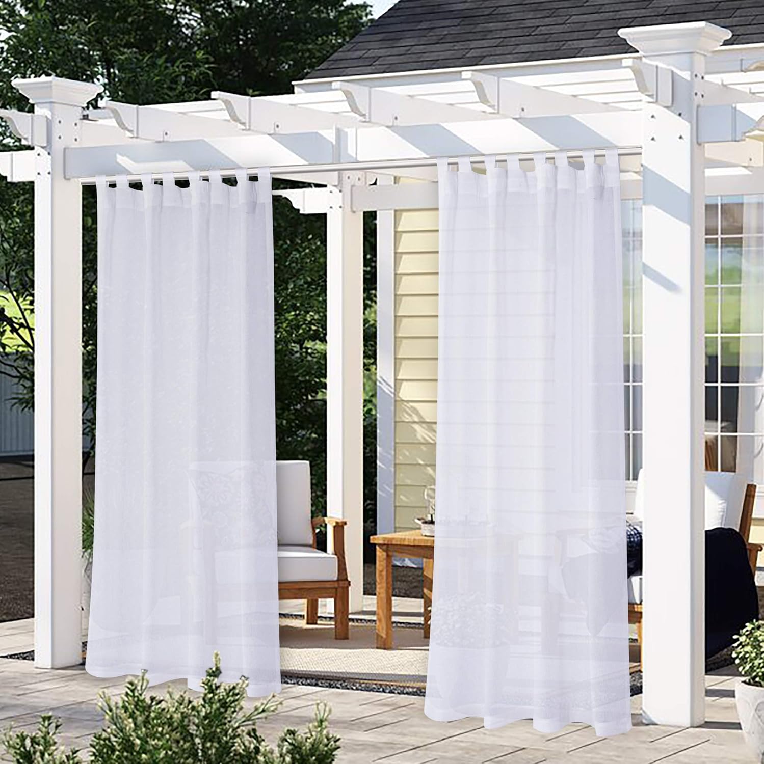 Outdoor Curtains - LORDTEX Burlap Linen Look Outdoor Curtain for Patio - 2 Panels Waterproof Tab Top Sheer Curtains for Pergola, Porch, Cabana and Gazebo Indoor/Outdoor Voile Sheer Drapes, 52 x 95 Inch, White