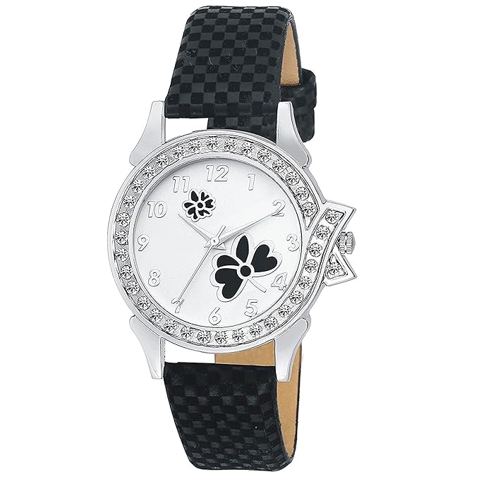 VeBNoR Analogue Diamond Studded Designer White Black Dial Leather Strap Belt Ladies Wrist Watch for Girls and Women Stylish Latest