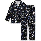 Tebbis Boys 2-Piece Pajamas - Black Video Game Controllers Print Long Sleeve Notch Collar Button Soft PJs Size 6-18