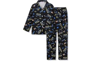 Tebbis Boys 2-Piece Pajamas - Black Video Game Controllers Print Long Sleeve Notch Collar Button Soft PJs Size 6-18
