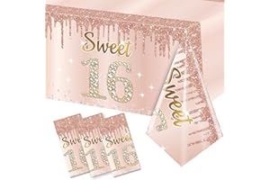 EXCELLOON Sweet 16 Pink Rose Gold Birthday Tablecloth Decorations - 3 Pack, Sixteen Year Plastic Disposable Rectangular Table Cloth Decor