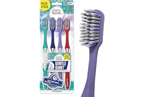 GuruNanda Gentle Giant Toothbrush with Dual Action Flossing Spiral Bristles, Non-Slip Ergo Dexa Grip, Helps in Teeth Whitening, BPA Free, (4 Count)