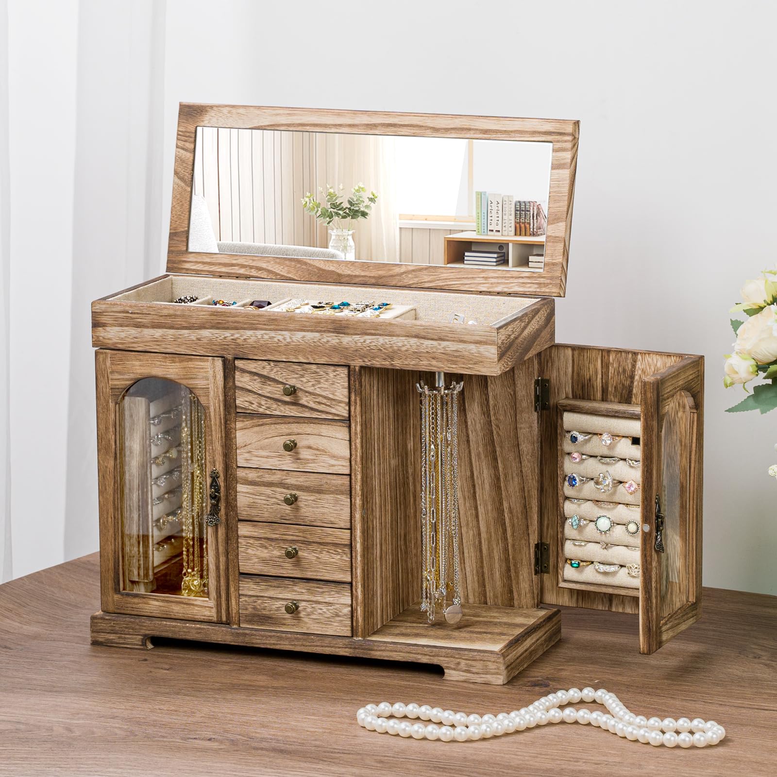 Miratino Jewelry Box for Women Girls, Rustic Wooden Jewelry Organizer Box with Mirror, 5 Layer Jewelry Storage Case Display for Necklaces Earrings Rings Bracelets Valentine's Day Gifts