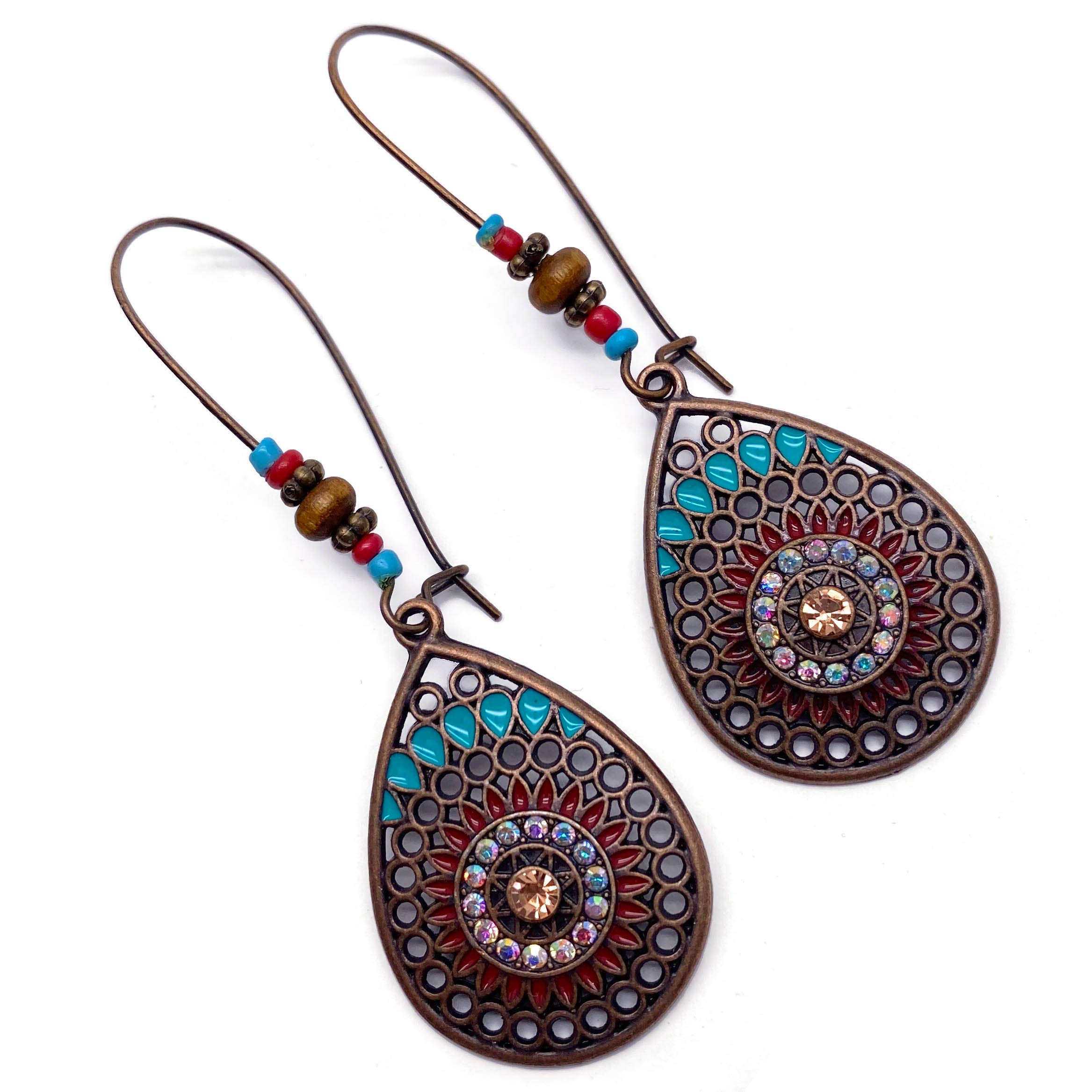 Tear Drop Shaped Patterned Bronze Look Charm Bead Earrings with Rhinestones on Large Kidney Hooks : 67mm