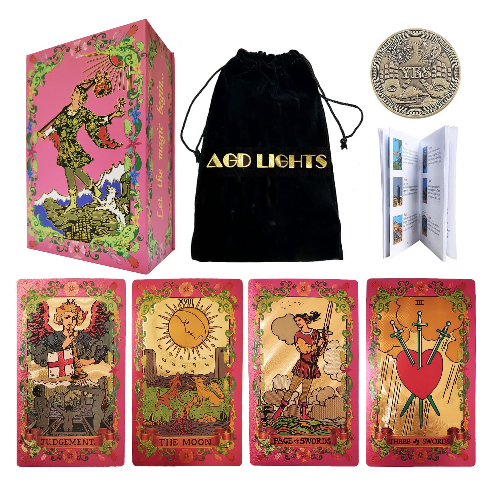 Tarot Cards Decks, Tarot Cards with Guidebook for Beginners PVC Waterproof Classic Holographic Tarot, Package with YES NO Coin and Tarot Velvet Bag