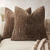 Foindtower Pack of 2 Slubby Textured Chenille Throw Decorative Pillow Covers Square Accent Solid Cushion Cover Cozy Soft Farmhouse Pillow Case for Couch Sofa Bedroom Living Room 20x20 Inch,Dark Brown