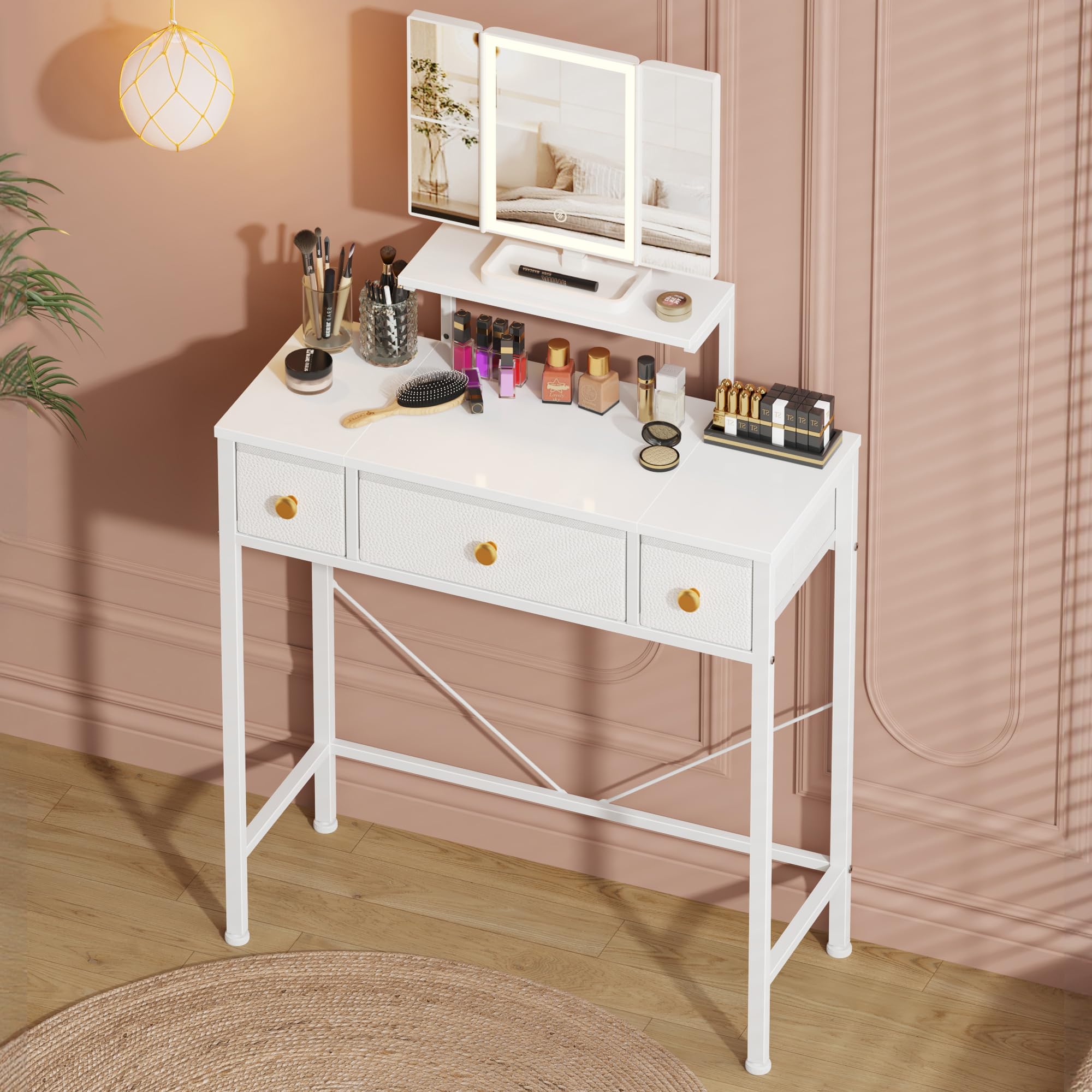 Photo 1 of HIGDBFE Small Makeup Vanity Desk with 3 Fabric Drawers, Vanity Table 11.8" D x 27.5" W with Mirror and Lights and Height-Adjustable Stand, Vanity for Girls Gifts, Bedroom and Small Spaces, White