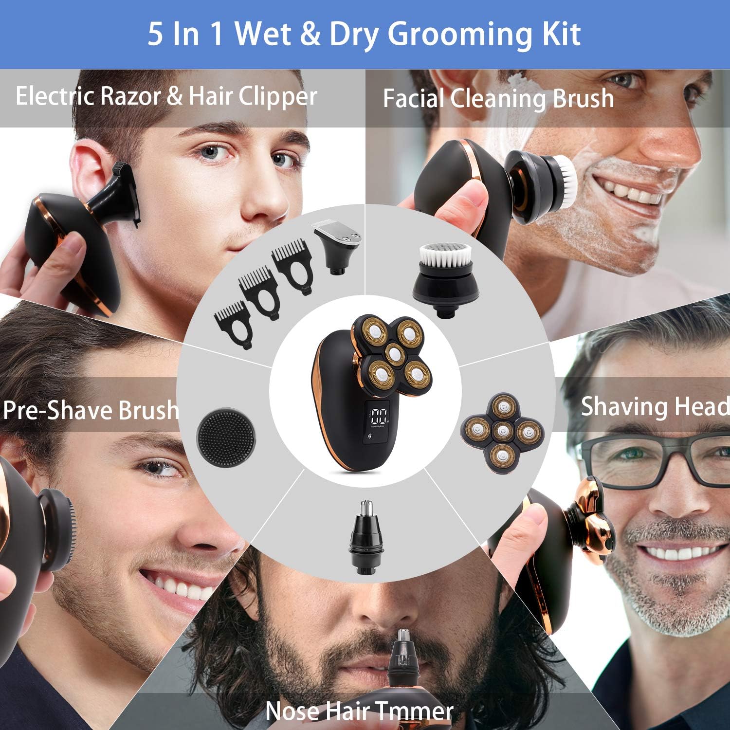 Multifunctional Electric Shaver & Grooming Kit for Men, 5 in 1 Wet and Dry Waterproof Electric Razor, Bald Head Shaver, 4D Floating Hair Clippers, Facial Cleaner (Upgraded Version) - Image 3