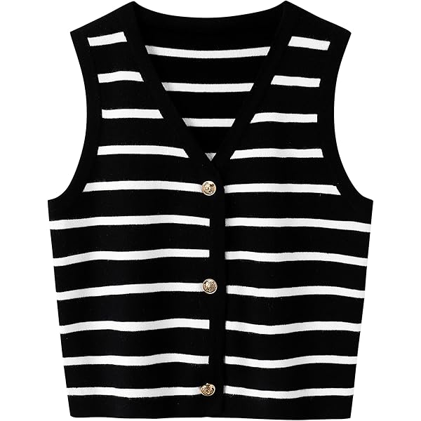 GORGLITTER Women's Striped Knit Vest - Sleeveless V-Neck Button Down Cardigan For Business Casual
