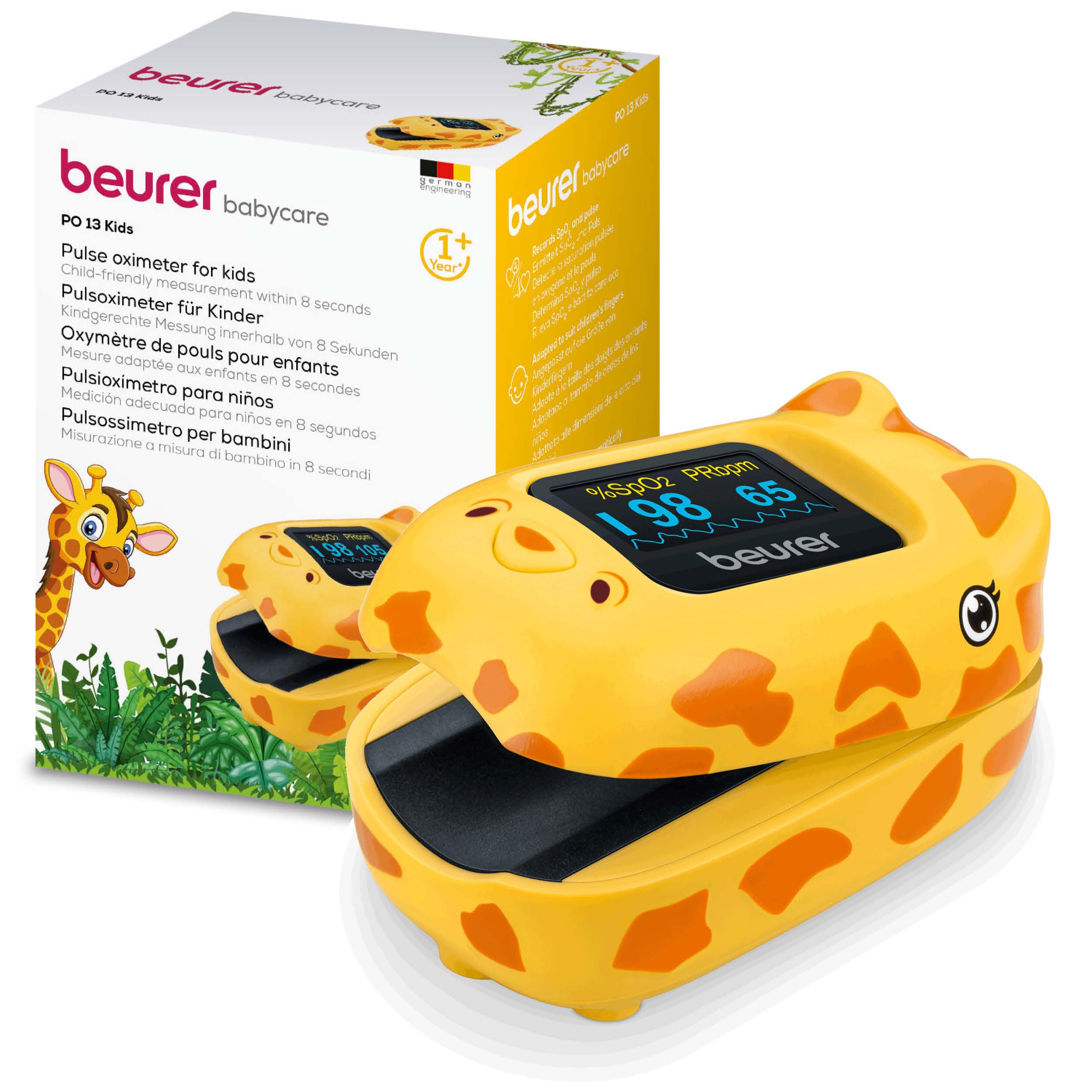Beurer PO 13 Kids Oxímetro de pulso de dedo para niños, medición de pulso y saturación de oxígeno en segundos, formato pequeño, alineación automática de la pantalla, con bolsa de