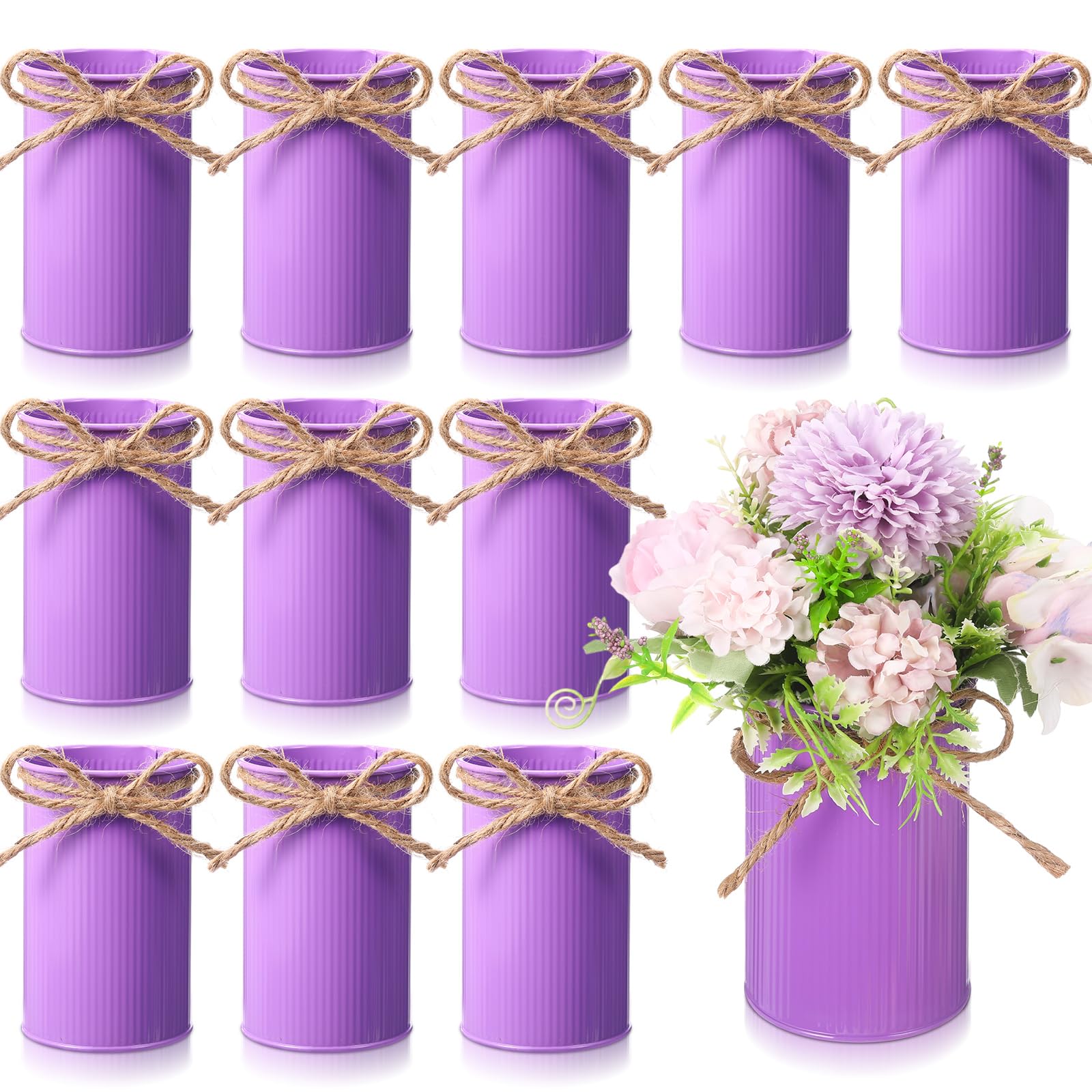 Photo 1 of Domensi 4.33 Inch Petite Farmhouse Vase Decor Vintage Flower Vase with Twine Bow Rustic Galvanized Metal Buckets for Artificial Flowers for Table Centerpiece Weddings(Purple,12 Pcs)