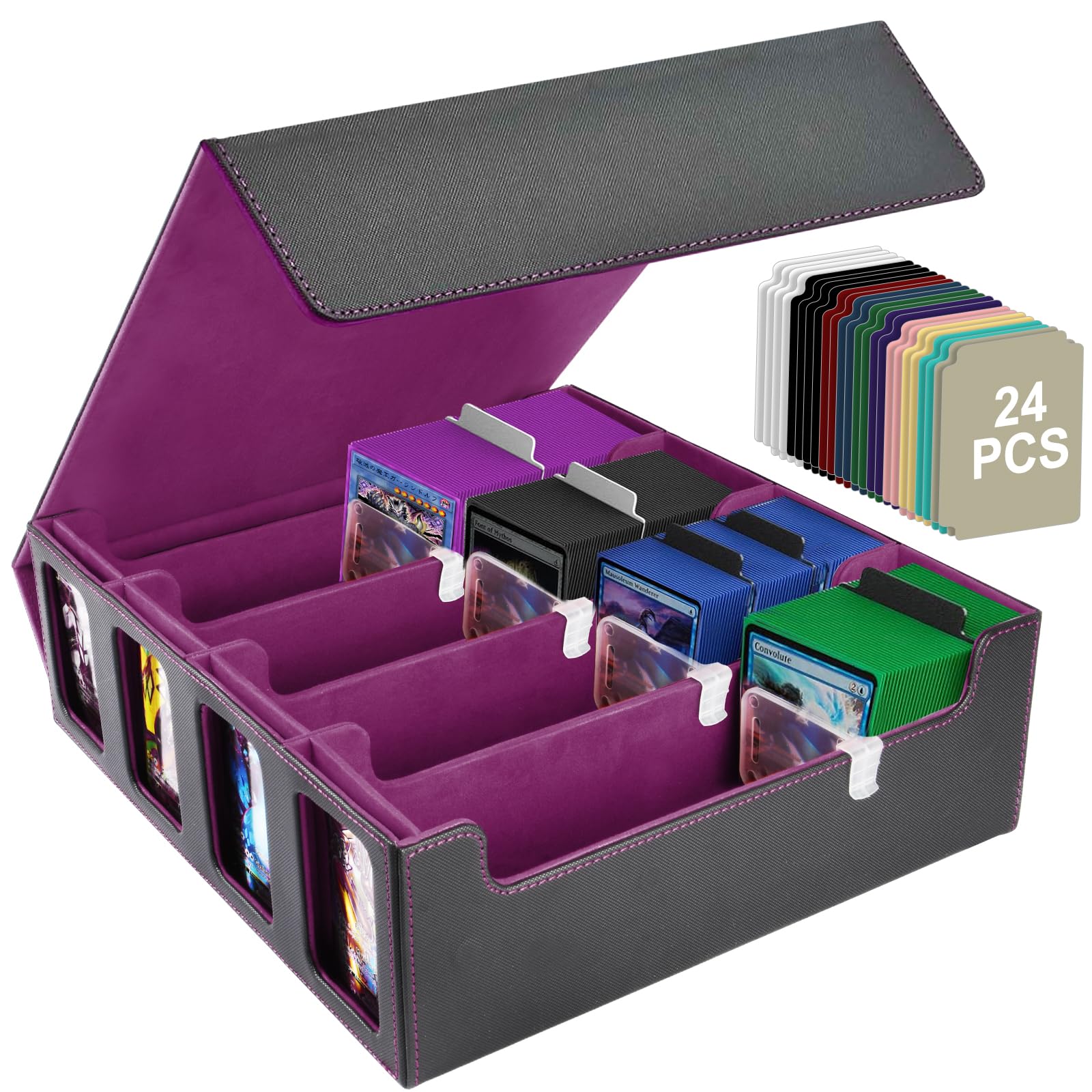 Aolso Trading Card Storage Box,Quartuple Card Deck Case With 24 Dividers&4 Supporters,Holds 2400+ Cards for MTG, TCG, Commander,PU Leather, Purple