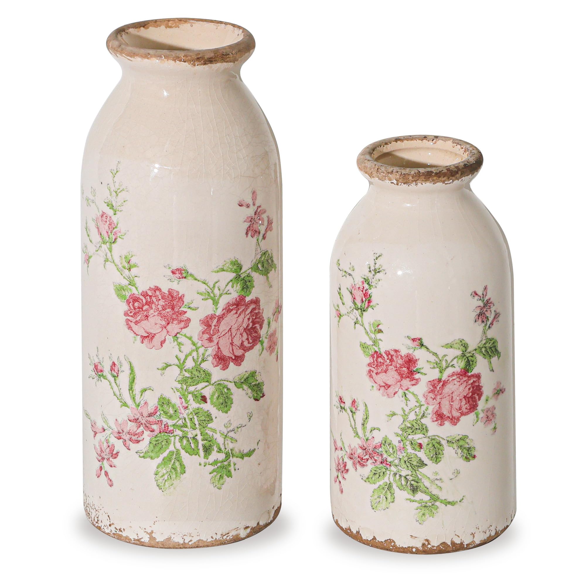 Ronasip Vase Set of 2, Ceramic Chinoiserie Vases with Floral Motifs, Hand-Painted Crackle Glaze Finish, Vintage Farmhouse Home Decor for Tabletop, Mantel, or Wedding Centerpiece (Pink)