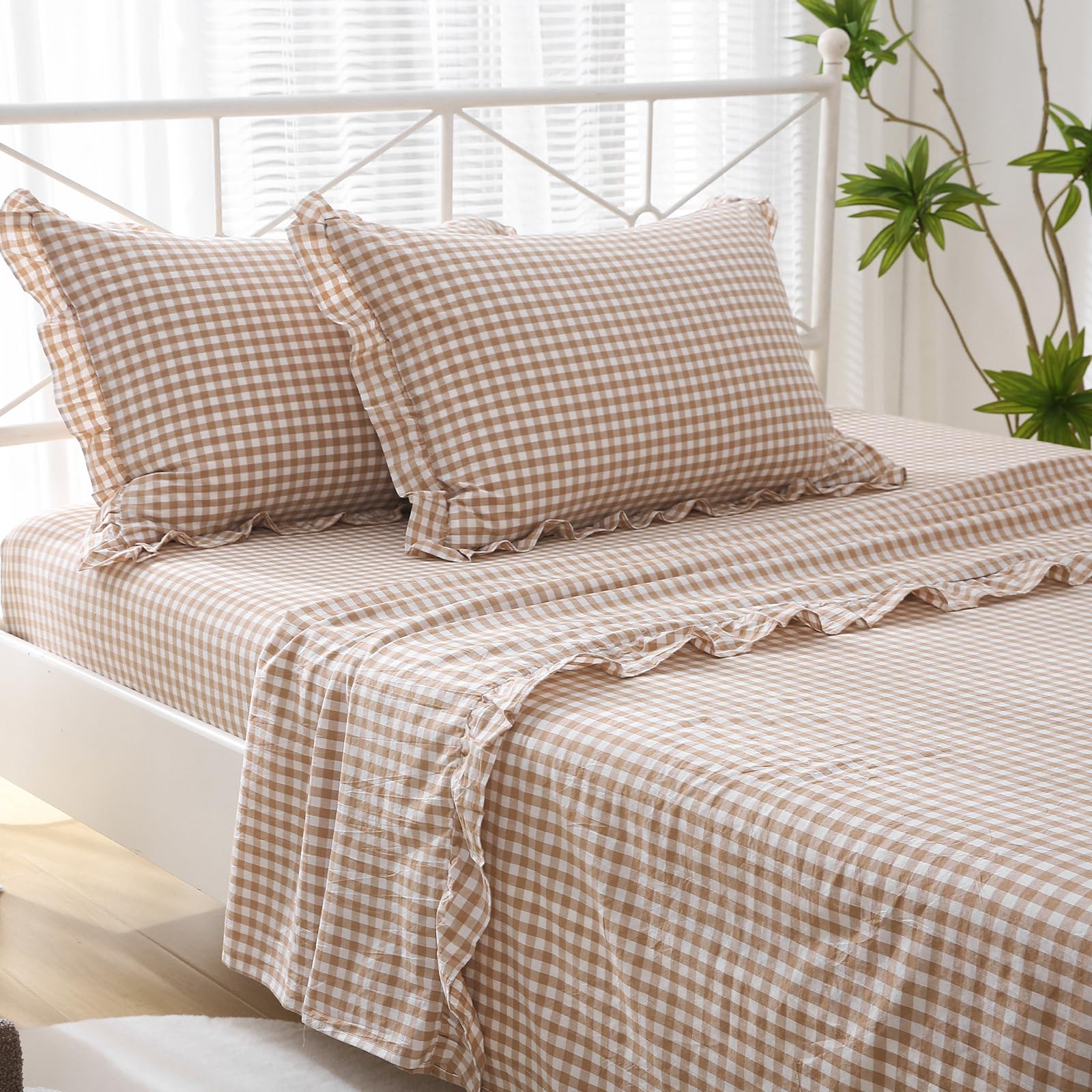 Photo 1 of K MASANIJI Taupe White Plaid Ruffle Sheets Queen Size 4-Piece Set, 300TC 100% Yarn Dyed Washed Cotton Checker Sheets 18'' Deep Pocket Farmhouse Gingham Decorative Bedding?Taupe/White Plaid, Queen?