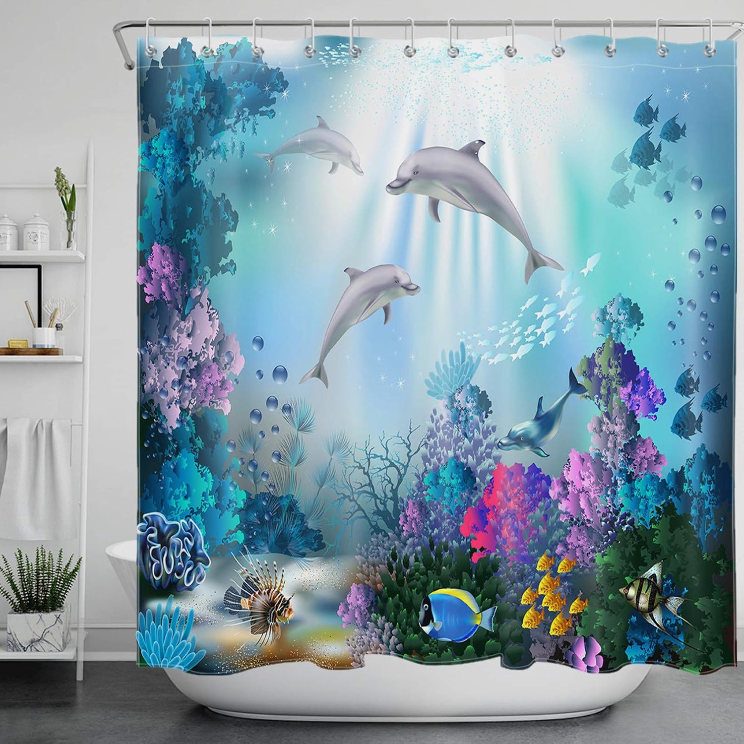 LB Dolphin Shower Curtain for Kids Bathroom Fish Coral Reef in Blue Ocean Shower Curtains with 12pcs Hooks,Waterproof Anti-mold Polyester Fabric,71x71 inches