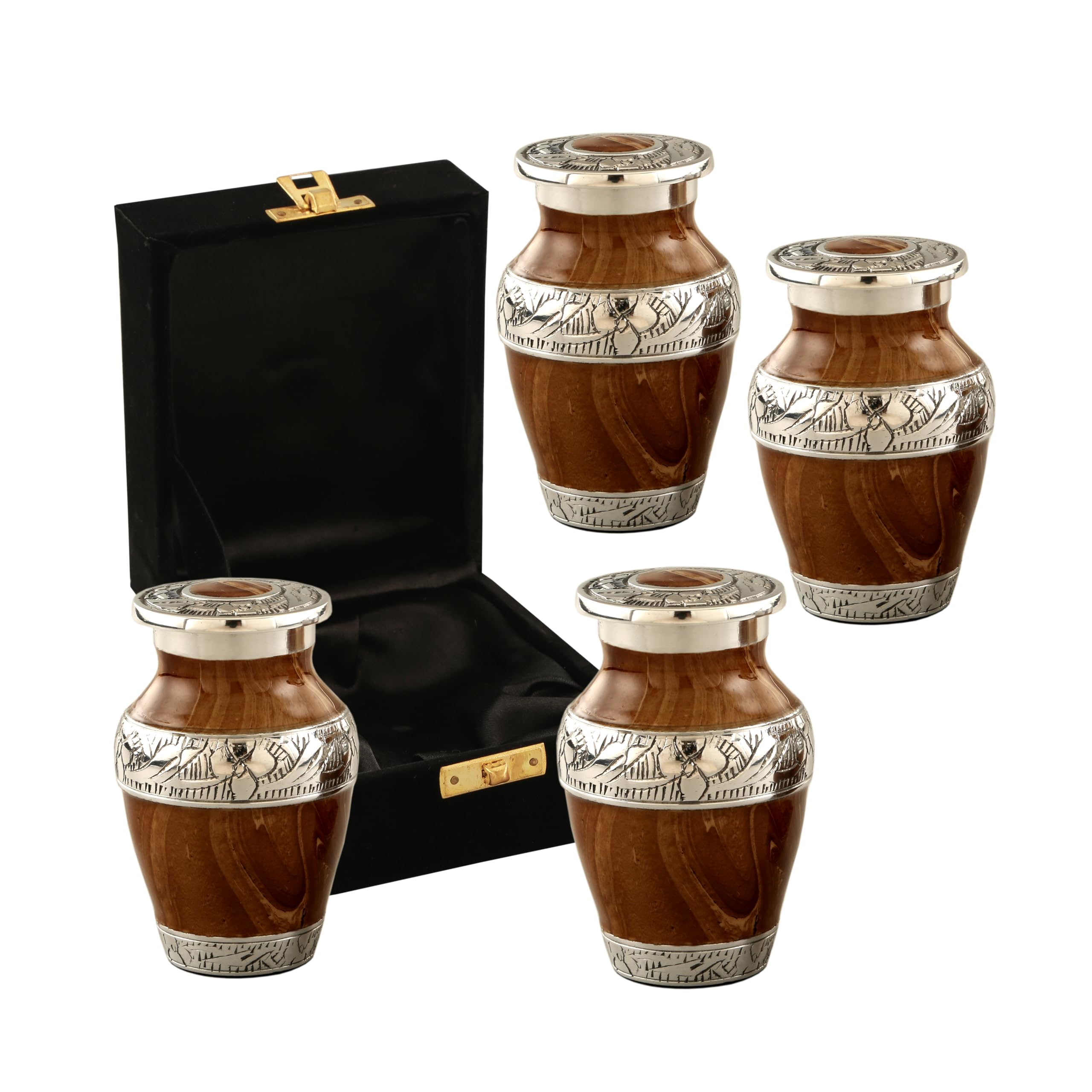 Photo 1 of AWESOME MEMORIES Wood Finish Metal Keepsake Urns Set of 4, Mini Urns for Human Ashes | Decorative Funeral Urn,Hand Engraved Mini Memorial Urn for Women and Men(Design- 6)