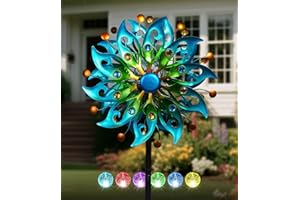 VUFOZ Solar Wind Spinners Outdoor – H63xW13 Metal Kinetic Garden Spinner with Crackle Glass Ball & Built-in Solar Panel – Peacock-Style Yard Wind Sculpture with LED Light