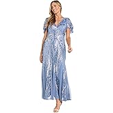 R&M Richards Women's Elegant Long Contrast Beaded V-Neck Gown W/Sheer Flutter Sleeves & Mesh Godet Insets
