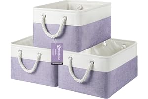 VQRTEXA Home Storage Baskets, 3-Pack Fabric Storage Bins, 15.7x11.8x8.2 inch Versatile Storage Box for Shelves with Handles, Large Closet Organizers Toys, Books (White/Purple)