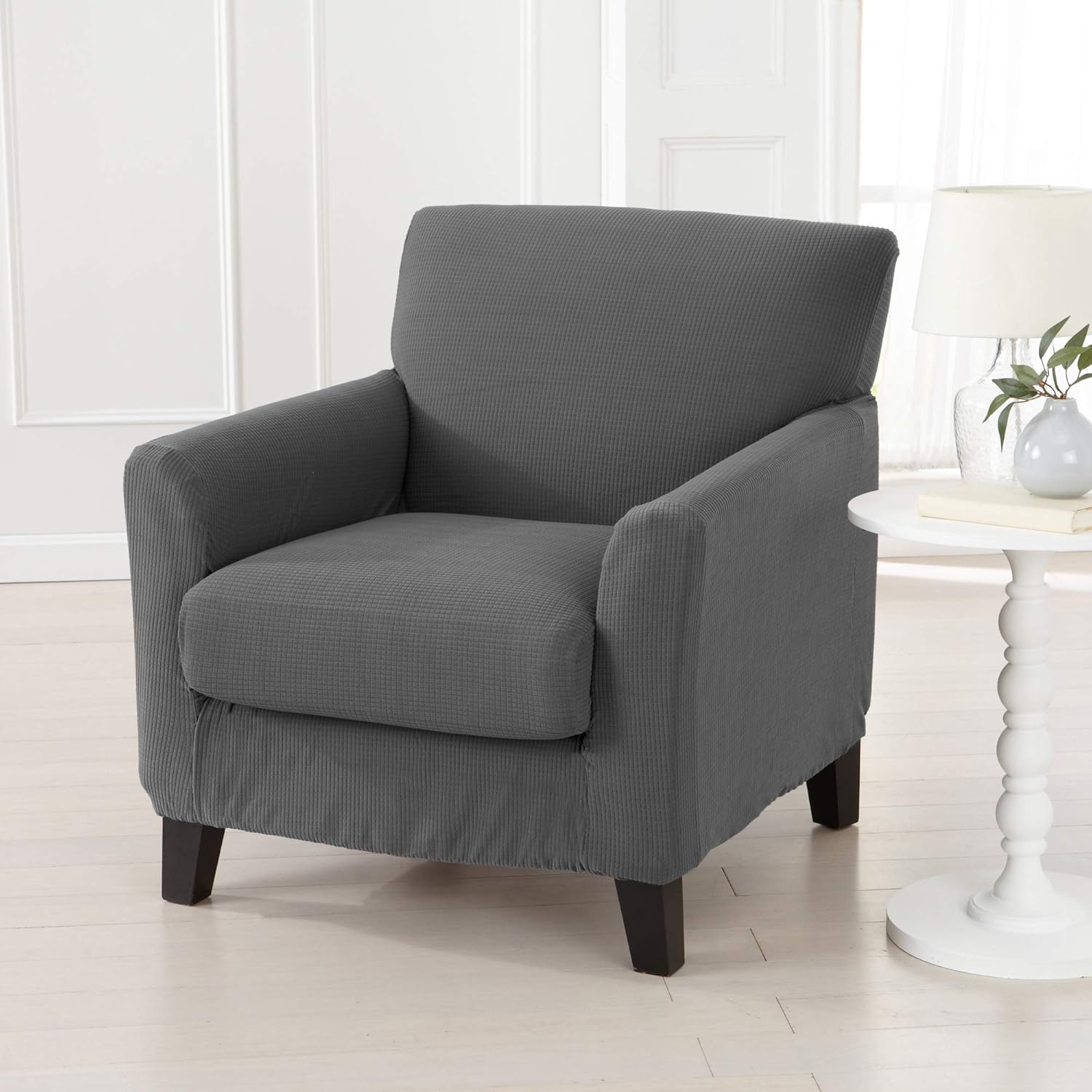 Great Bay Home Popcorn Textured Chair Slipcover. Form Fit, Slip Resistant, Strapless Slipcover. Stretch Arm Chair Slipcover. Kova Collection (Chair, Frost Gray): Furniture & Decor