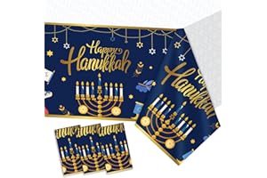 SAWOWKUYA 3 Pack Hanukkah Tablecloths Party Decorations Disposable Plastic Menorah Jewish Table Cover Gold and Navy Blue Tablecloths for Jewish Chanukah Family Kids Adults Party Supplies 54 x 108 Inch