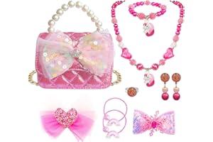 ELEMIRSA Girl Handbag Purse for Little Girls Kids Pretend Play Dress Up Necklace Hair Accessories Jewelry Set, Hot Pink