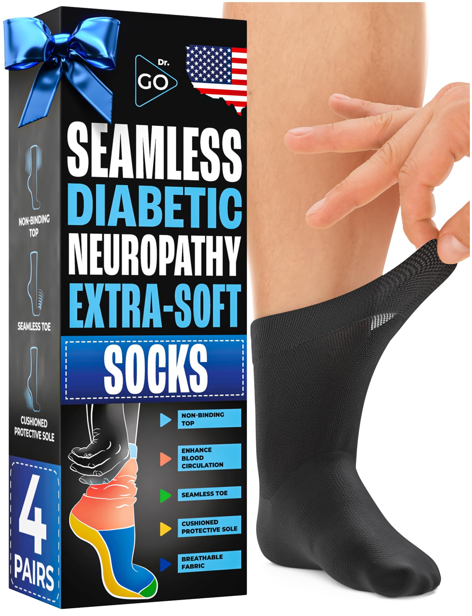 Photo 1 of DR. GO Neuropathy Socks for Men [100% Seamless] Ultra-Soft Diabetic Socks with Non-Binding Top, Enhance Blood Circulation, Cushioned Protective Sole for Diabetic Foot, 4 Pairs in Black, Size 9-12