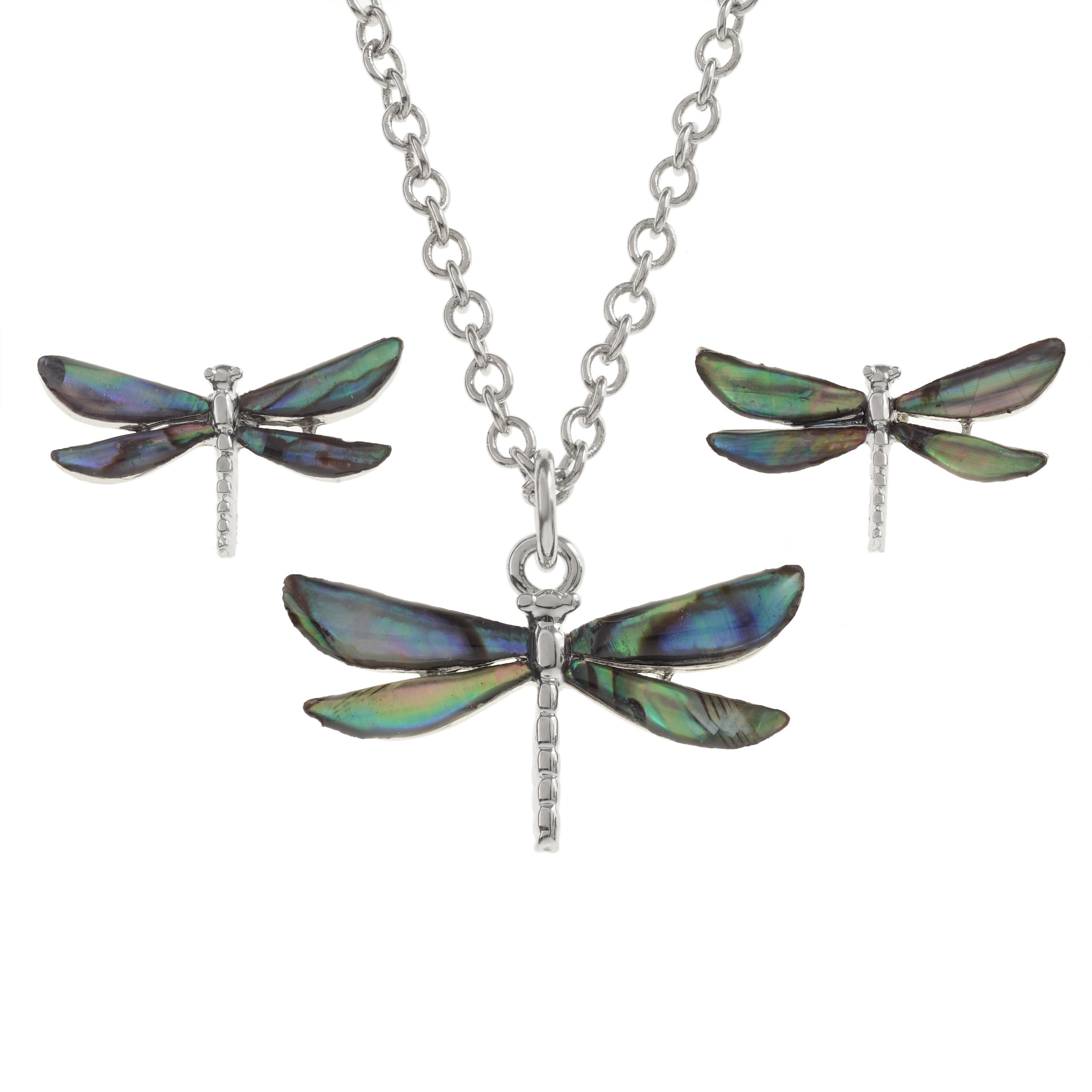 Kiara Jewellery Dragonfly Boxed Pendant Necklace And Stud Earring Set Inlaid With Natural Bluish Green Paua Abalone Shell on 18" Trace Chain. Non Tarnish Silver Colour Rhodium plated.