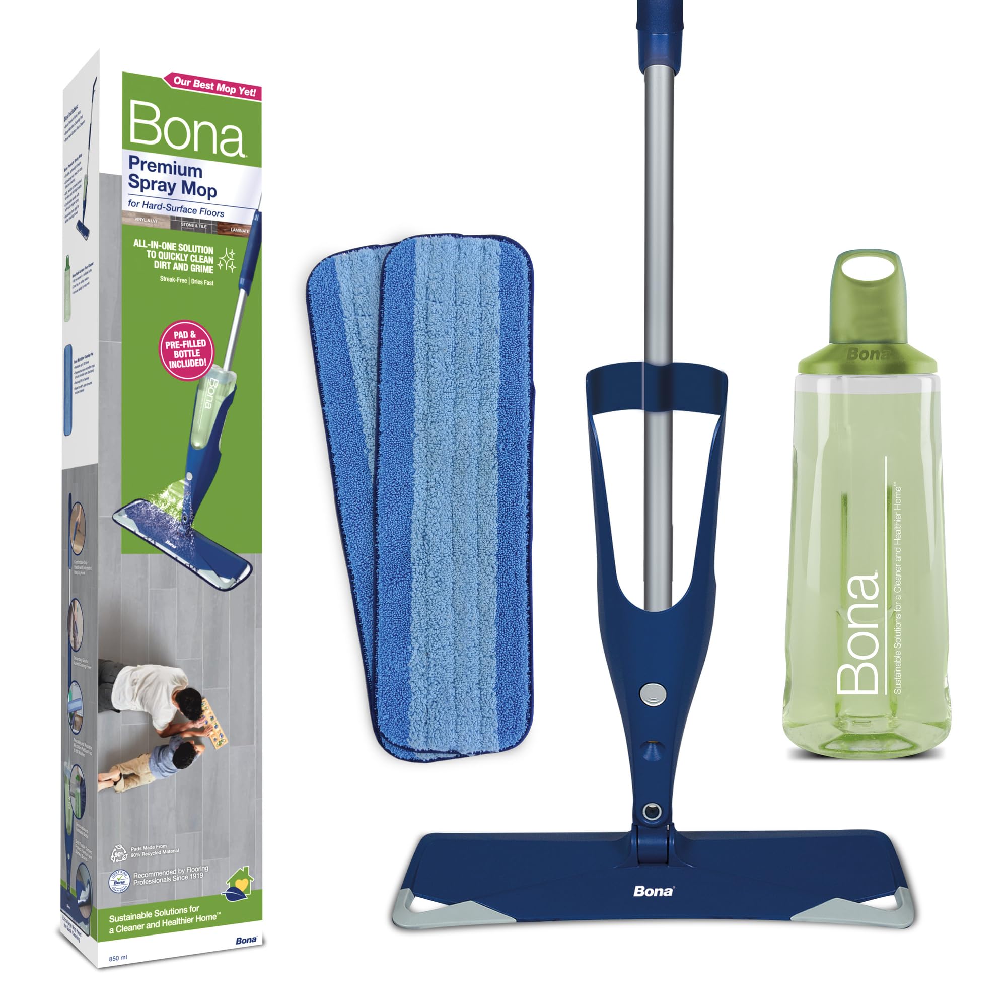 Bona Spray Mop Premium for Hard-Surface Floors - Incl. 1x Prefilled Refillable 850ml Cartridge & 2x Reuseable Microfibre Mop Pads