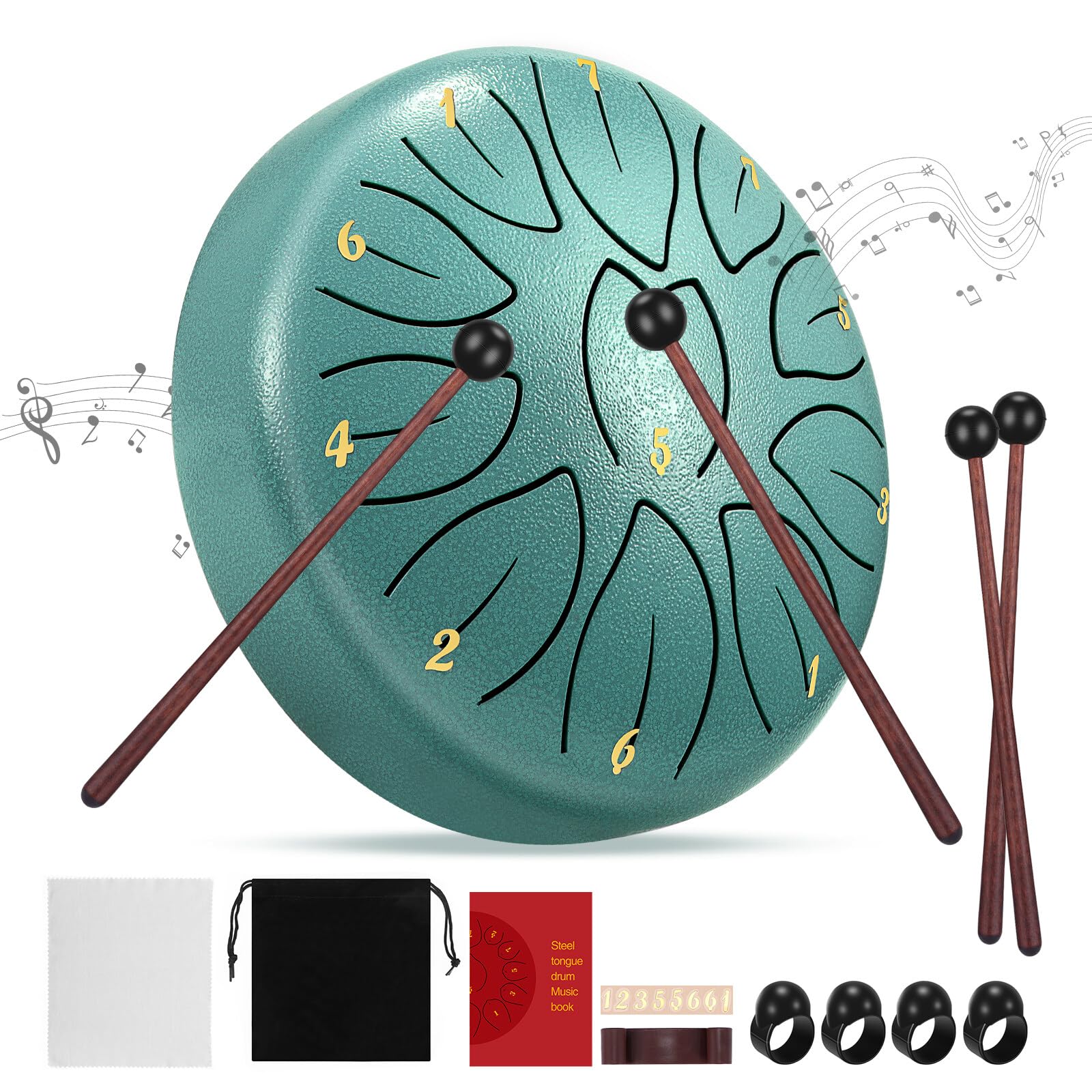 Jasfyee Steel Tongue Drum, 6 Inch 11 Tone D Key, Green, Handpan Drum, Beginner Percussion, Comes with Carry Bag, 2 Drum Sticks, 4 Finger Cots, Suitable for Sound Healing, Meditation, Yoga