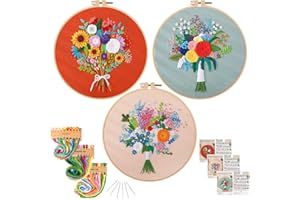 KAMEUN Embroidery Kits for Adults, Cross Stitch for Beginners with Stamped Patterns, Needlepoint Funny Hobby Kits with Embroidery Hoops and Color Threads, DIY Crafts for Women - 3 Packs