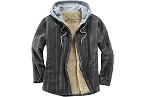 Derbars Men's Cotton Plaid Shirts Jacket Fleece Lined Flannel Shirts Sherpa Button Down Jackets with Hood for Men
