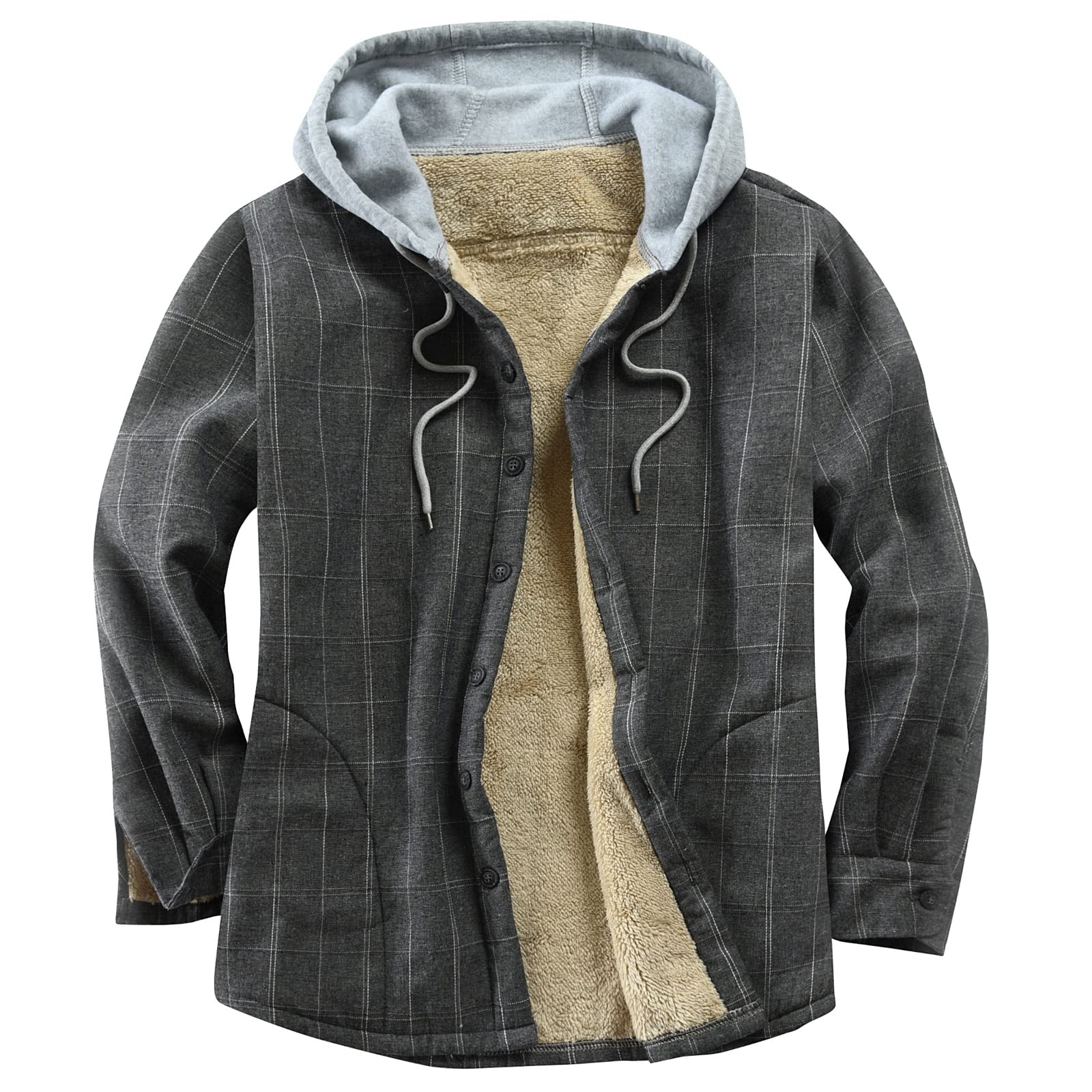 Derbars Men's Long Sleeve Button Down Shirt Sherpa Lined Work Jackets Shirt Coat with Hood Orange X-Large Grey Large Image