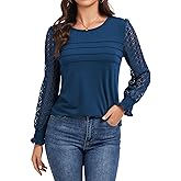 MAXTOOA Womens Long Sleeve Shirts Pleated Front Business Casual with Crewneck Lace Tunic Tops Fit Blouse for Fall Dark Blue M
