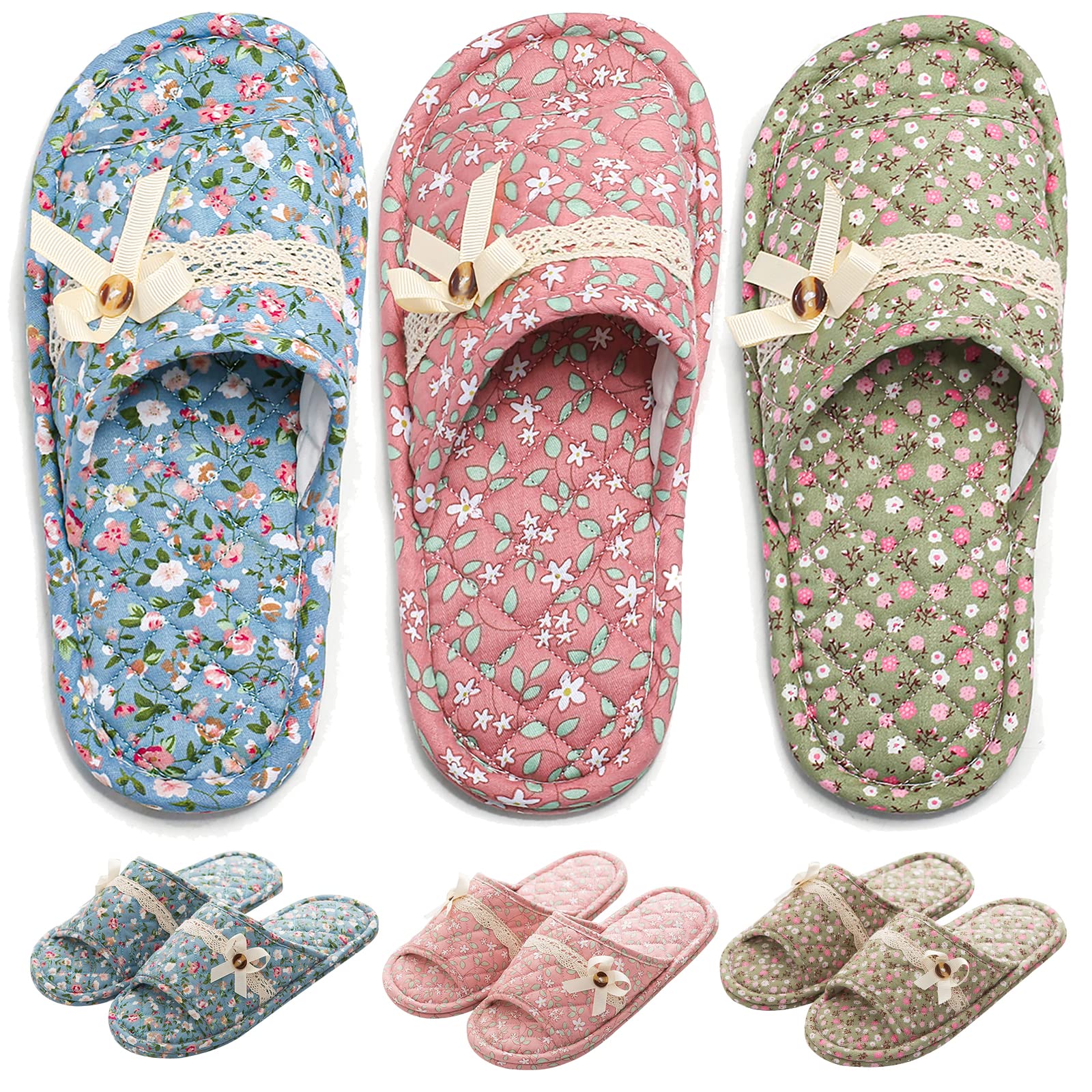 Photo 1 of 3 Pairs Floral Cotton House Slippers for Women, Open Toe Indoor Slippers Comfortable Washable Portable Foldable Guest Travel Hotel Airplane Spa Slippers