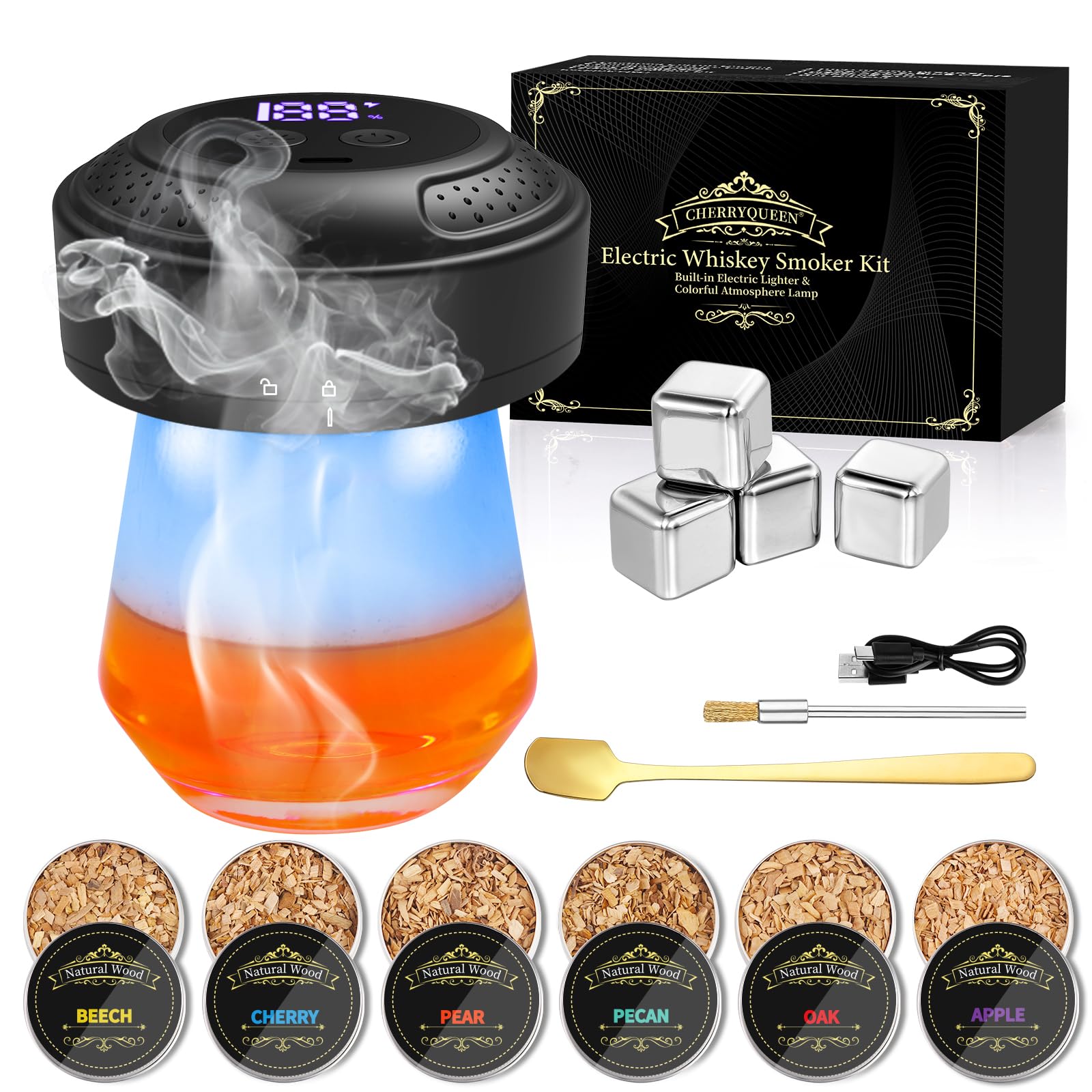Photo 1 of Electric Whiskey Smoker Kit, CHERRYQUEEN Old Fashioned Smoker Kit, Built-in Lighter & Ambient Light, 4 Reusable Ice Cubes 6 Wood Chips, Gifts for Men Dad Husband Whiskey Lovers (Birthday/Christmas)